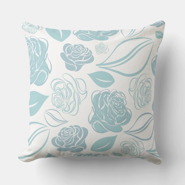 Coussin Joli Turquoise vert et blanc Roses et Feuilles (Recto)