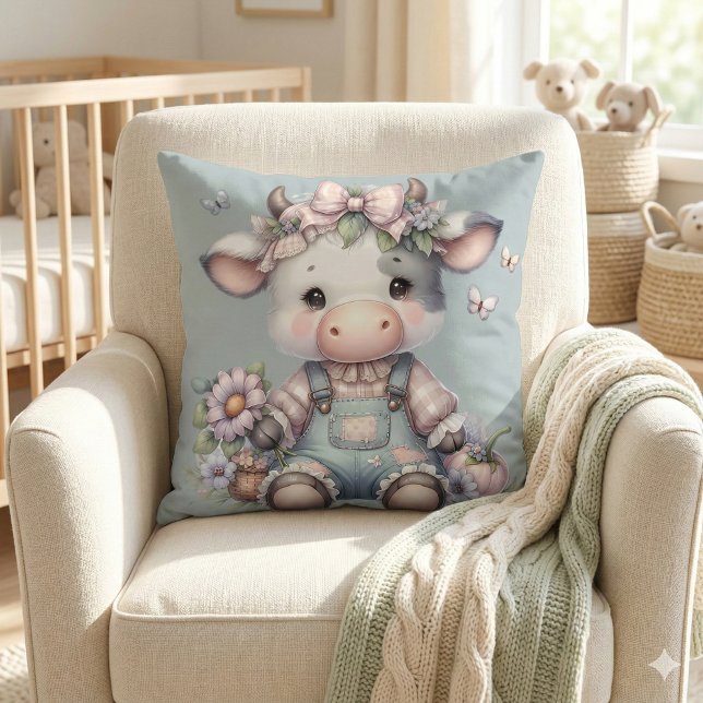 Coussin Joli Veau Bébé Pastel en Salopette avec des Fleurs (Cute Pastel Baby Cow in Overalls with Flowers Throw Pillow Mockup A)