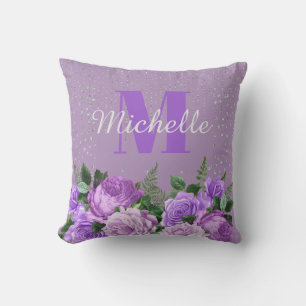 Coussin Joli violet Floral Parties scintillant argent Mono
