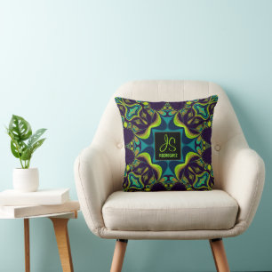 Coussin Joli violet Turquoise Monogramme vert