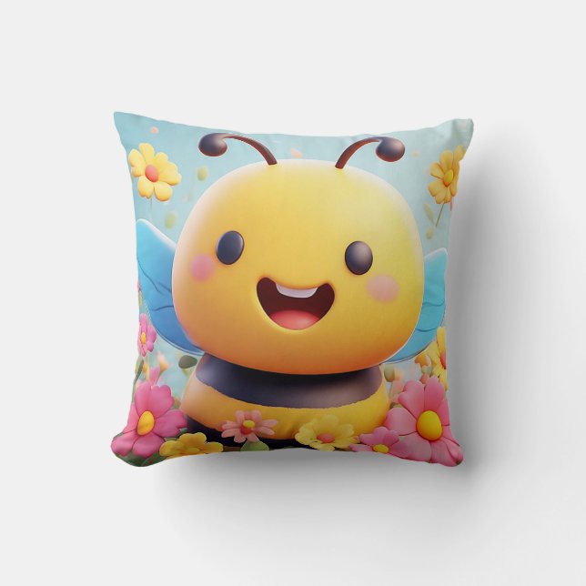 Coussin Jolie abeille de dessin animé entourée de fleurs c (Recto)