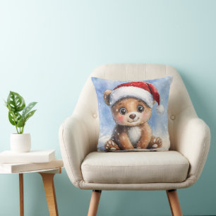 Coussin Jolie aquarelle de Noël d'hiver ours en peluche Sa