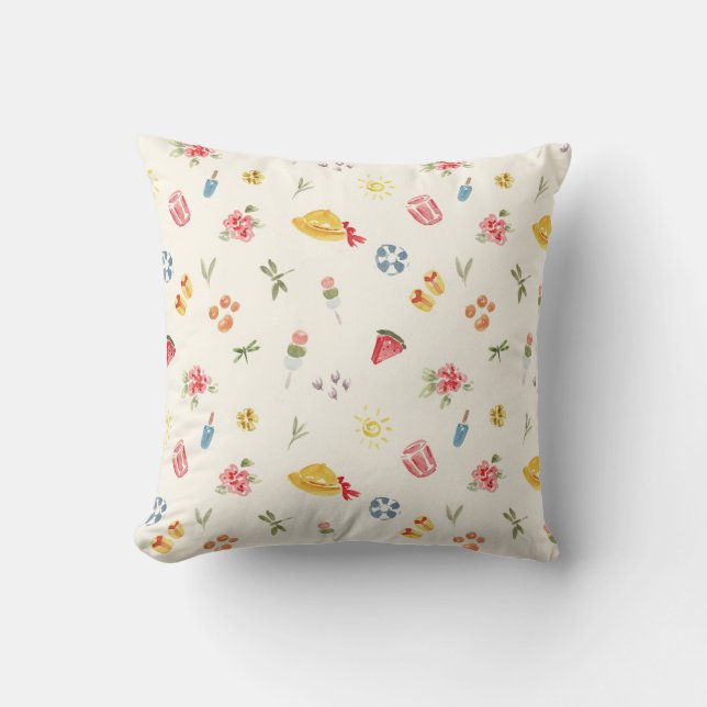 Coussin Jolie aquarelle d'été : pastèque, dango et soleil (Recto)