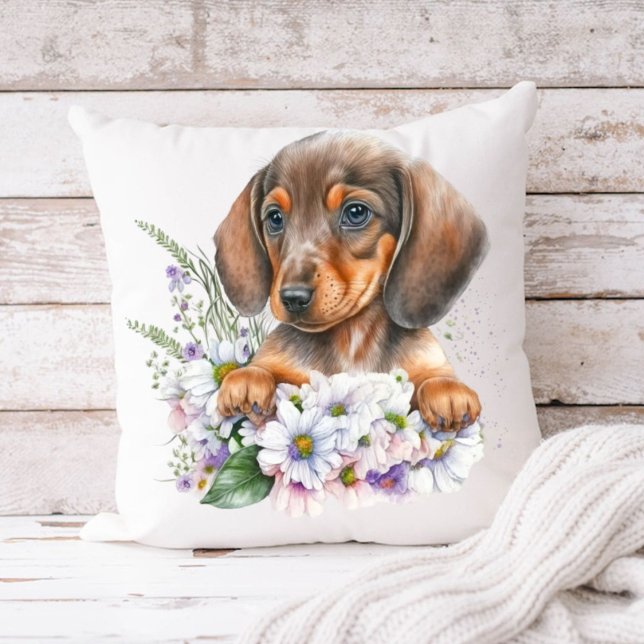 Coussin Jolie aquarelle Floral Dachshund Chien chiot (Créateur téléchargé)
