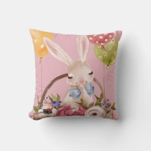 Coussin Jolie aquarelle Lapin Fleurs de lapin Pâques