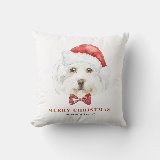 Coussin Jolie aquarelle Maltese Père Noël Joyeux Noël (Recto)
