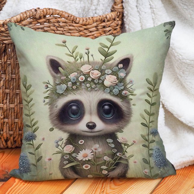 Coussin Jolie Bébé Raton Laveur Décoration de Crèche en Fo (Cute baby raccoon woodland nursery pillow)