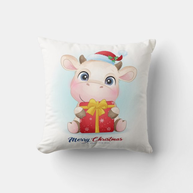 Coussin Jolie chambre de bébé vache à l'aquarelle de Noël (Recto)