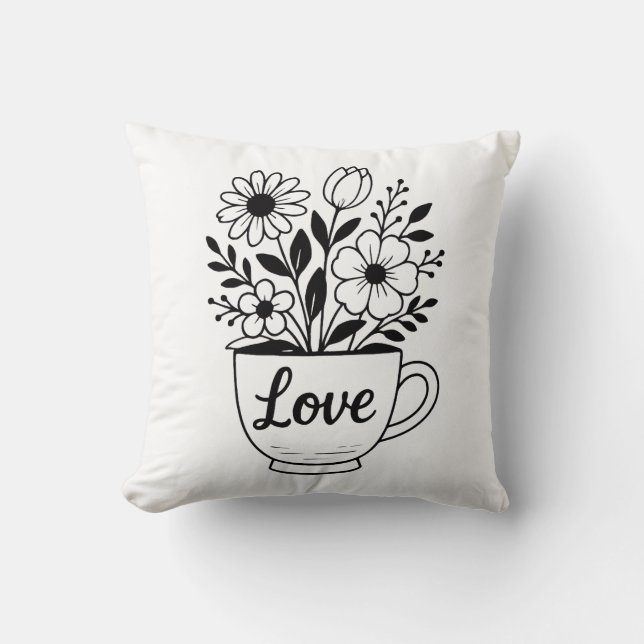 Coussin Jolie Coupe de Thé Noir avec Design de Fleurs (Recto)