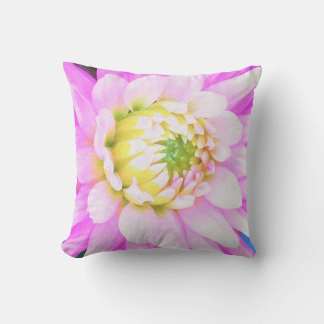 Coussin Jolie Dahlia Cactus Macro Rose, Blanc et Jaune (Recto)