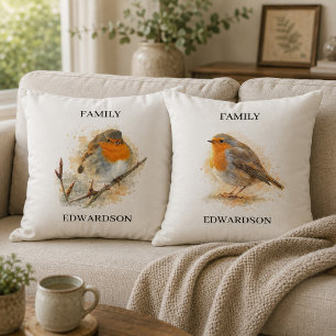 Coussin Jolie famille monogramme oiseau rougeau aquarelle