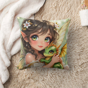 Coussin Jolie fée d'anime et dragon Chibi