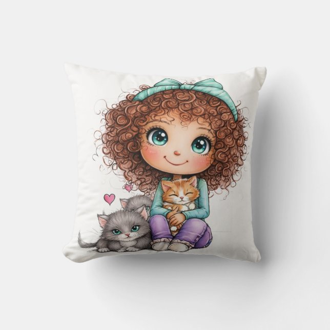 Coussin Jolie Fille avec Chatons Kawaii Art Douillet (Recto)