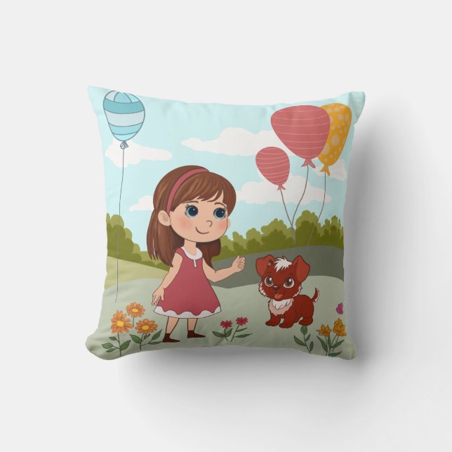 Coussin Jolie Fille avec Chien & Ballons  (Recto)