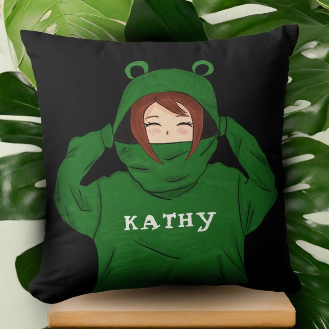 Coussin Jolie Fille avec Dessin de Capuche de Grenouille V (Créateur téléchargé)