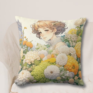 Coussin Jolie fille d'anime dans des fleurs jaunes et blan