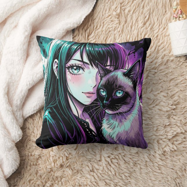 Coussin Jolie Fille d'Anime et Chat Siamois (Couverture)