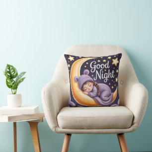 Coussin Jolie fille de dessin animé dormant sur un croissa