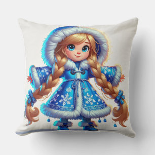 Coussin Jolie fille de neige en manteau bleu
