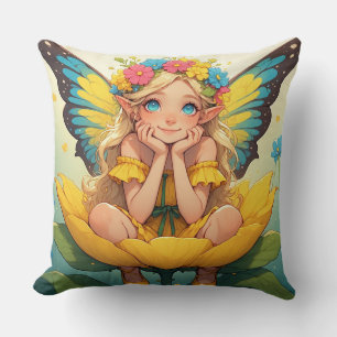 Coussin Jolie Fille Fée Avec des Ailes sur Scène de Fleur