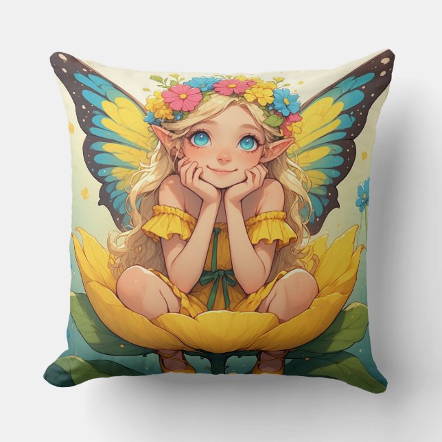 Coussin Jolie Fille Fée Avec des Ailes sur Scène de Fleur  (Recto)