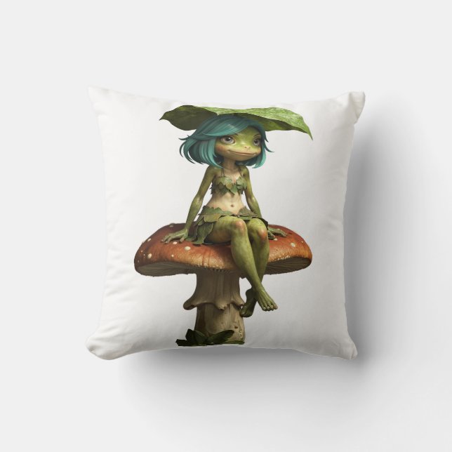 Coussin Jolie Fille Grenouille Assise sur Champignon (Recto)
