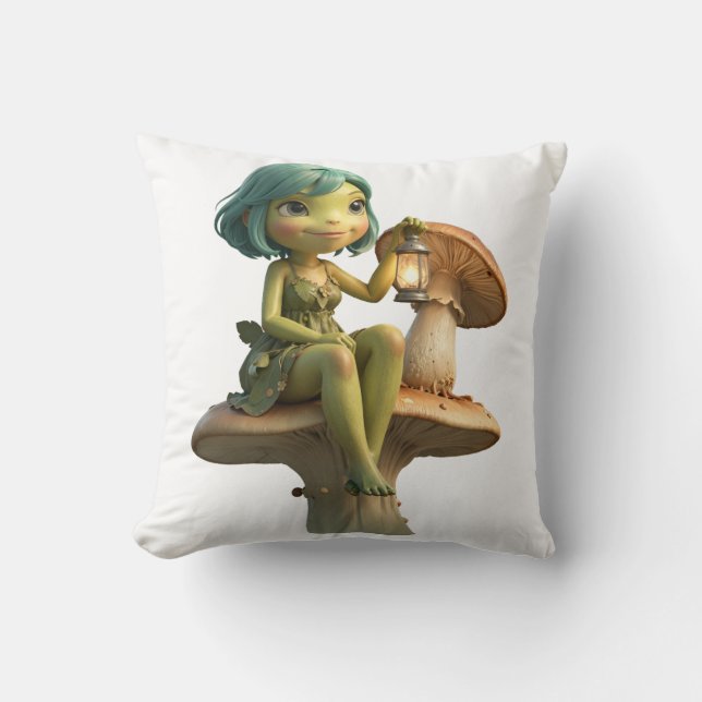 Coussin Jolie Fille Grenouille avec Lanterne sur Champigno (Recto)