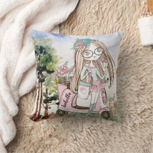 Coussin Jolie fille patronne en scooter nom personnalisé