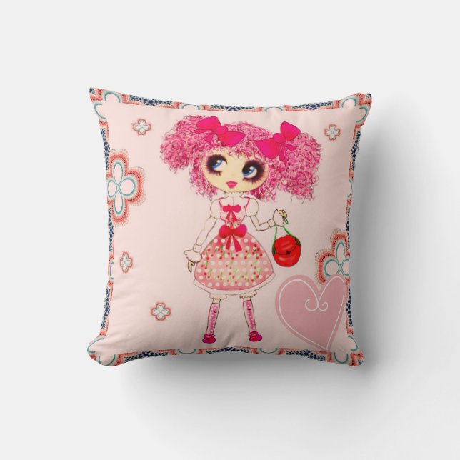 Coussin Jolie fille PinkyP rose Kawaii fille par LeahG (Recto)