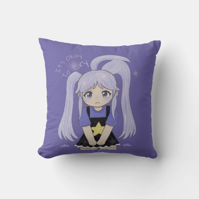 Coussin Jolie Fille Triste Illustration Dessinée à la Main (Recto)