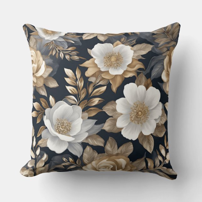 Coussin Jolie florale bleu marine or blanc (Recto)