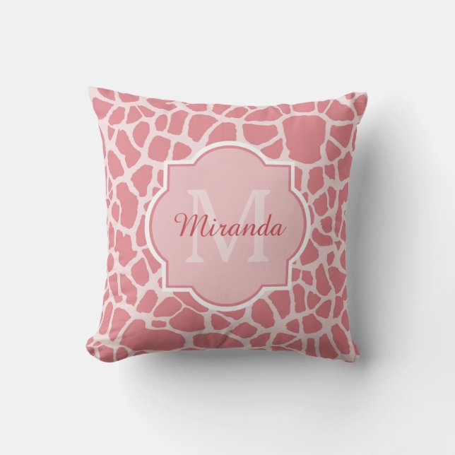 Coussin Jolie girafe rose motif avec monogramme et nom (Recto)