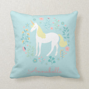Coussin Jolie licorne & Fleurs Aqua personnalisée