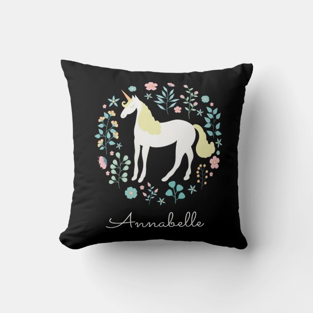 Coussin Jolie licorne & Fleurs Noir personnalisé (Recto)