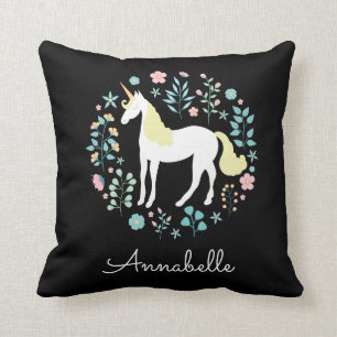 Coussin Jolie licorne & Fleurs Noir personnalisé