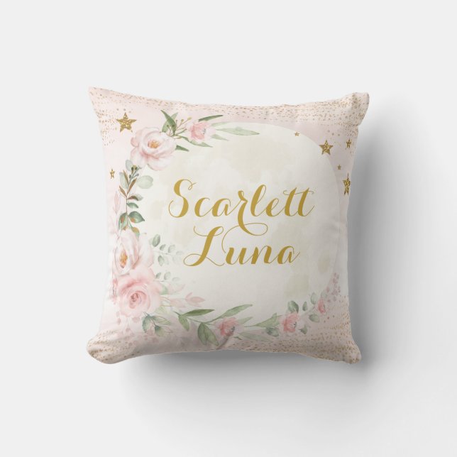 Coussin Jolie Lune & Étoiles Rose Blush Or Floral Nursery (Recto)