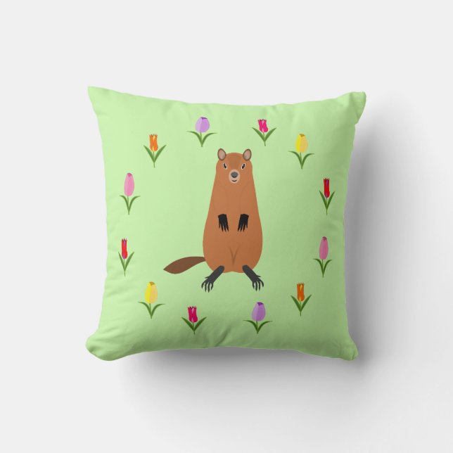 Coussin Jolie marmotte et fleurs de tulipes (Recto)