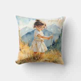 Coussin Jolie petite fille cueillant des fleurs sauvages