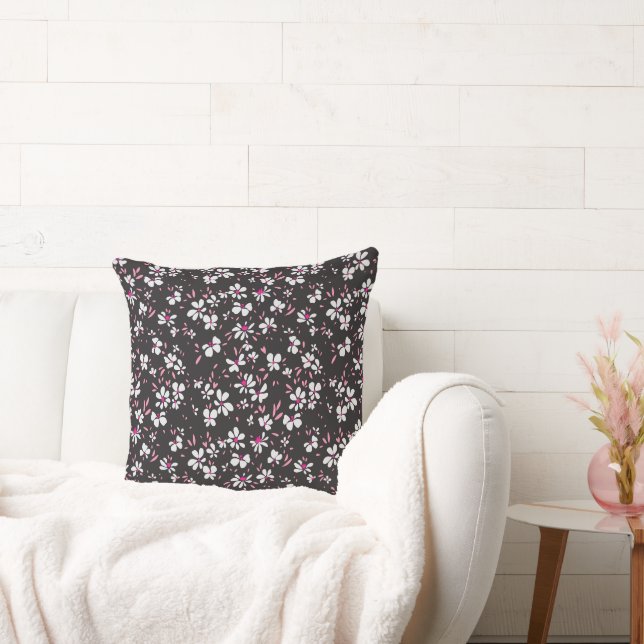 Coussin jolie petite fleur blanche rose avec fond noir (Canapé)