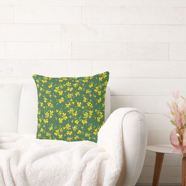 Coussin jolie petite fleur jaune avec fond vert (Canapé)