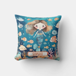 Coussin Jolie petite sirène sous la mer avec poisson corai