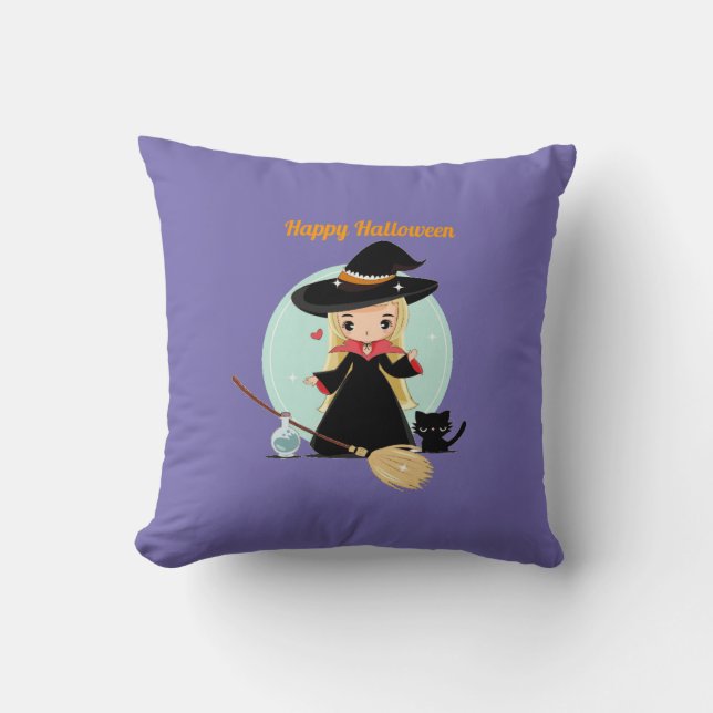 Coussin Jolie Petite Sorcière Halloween Et Kitty (Recto)