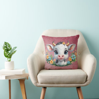 Coussin Jolie petite vache fille en fleurs