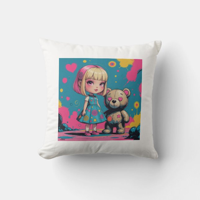 Coussin Jolie poupée avec ours en peluche (Recto)