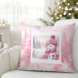 Coussin Jolie scène de Noël avec bonhomme de neige rose po