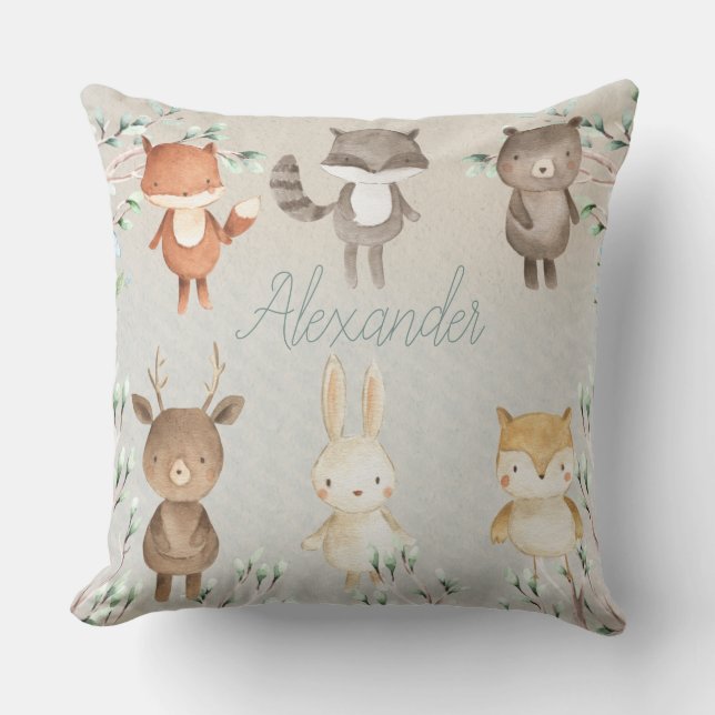 Coussin Jolie scène forestière Animaux de la forêt aquarel (Recto)