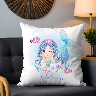 Coussin Jolie sirène à l'aquarelle avec nom personnalisé