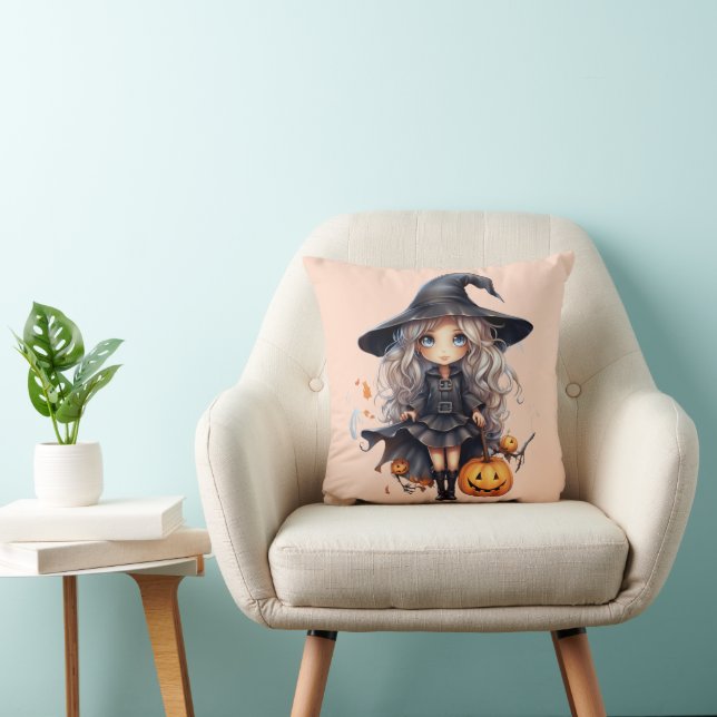 Coussin Jolie sorcière avec cheveux blond Orange Halloween (Chaise)