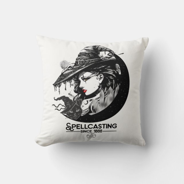 Coussin Jolie Sorcière & Chat Noir Wiccan Wicca Lancement  (Recto)