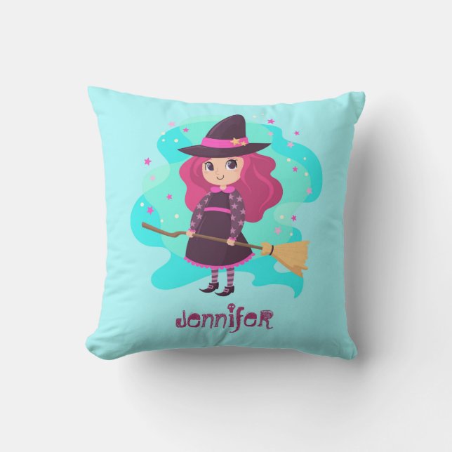 Coussin Jolie sorcière d'Halloween avec balai et étoiles (Recto)